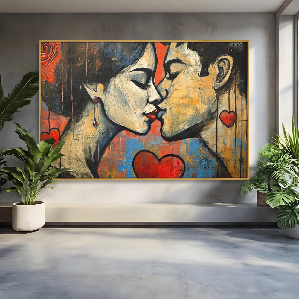 Tablou canvas cu tablou canvas cu sarut pasional, in rama de aluminiu auriu